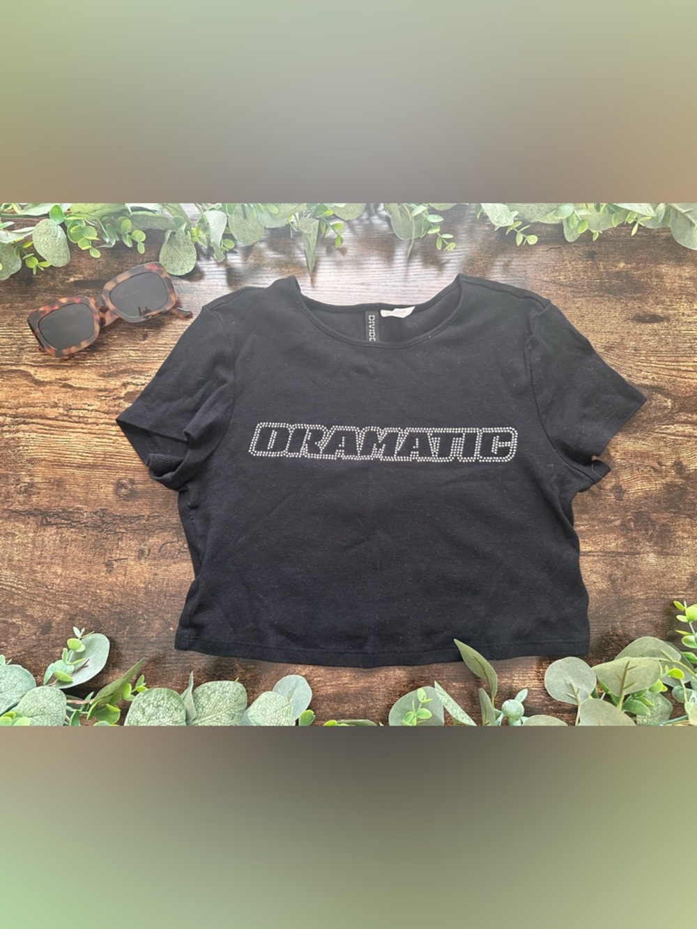 H&M Black Crop Top with Silver Stud 'DRAMATIC' Logo